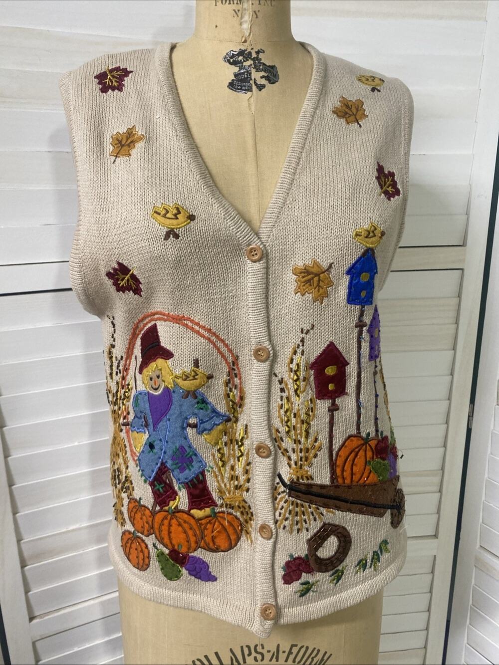 Bobbie Brooks Pumpkin Patch Scarecrow Sweater Vest Sz Small Tan Fall Autumn